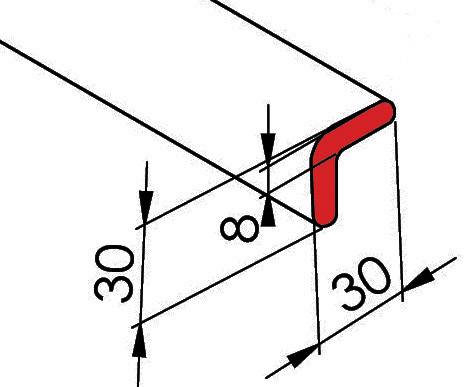 Technical drawing of an angle, 30 mm width, 8 mm tongue, side view.