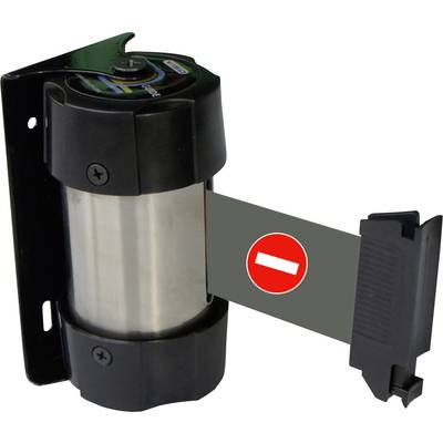 Black, wall-mounted barrier with a red sign 'No Entry' on an extendable band.