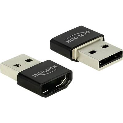 Two black Delock USB plugs with HDMI connections, one showing the USB port, the other the HDMI slot, on a white background.