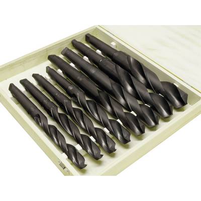 A set of nine black metal drill bits in an open wooden box, arranged in ascending order from small to large.