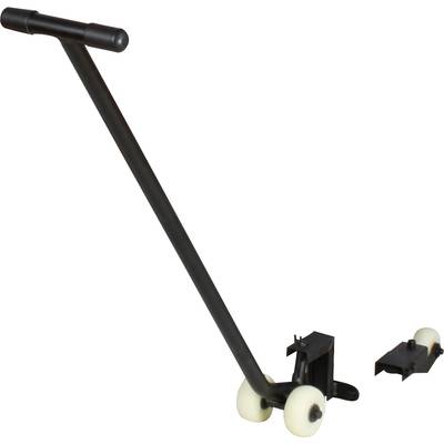 A black transport device with a long handle and white wheels, designed for the easy transportation of heavy objects.
