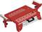 Red, adjustable bicycle assembly stand platform with numerous ventilation slots and castors on the sides.