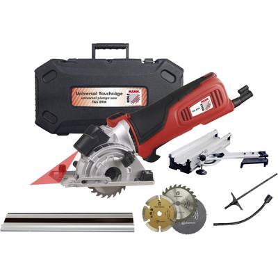 A universal plunge saw with a red handle, three saw blades, guide rail and transport case, suitable for versatile cutting work.