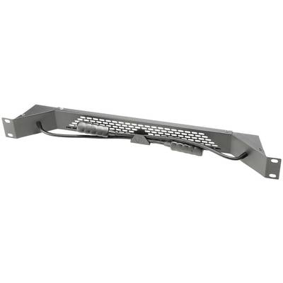 A grey metal ventilation grille with cables and mounting holes, used for ventilation in electronic devices.