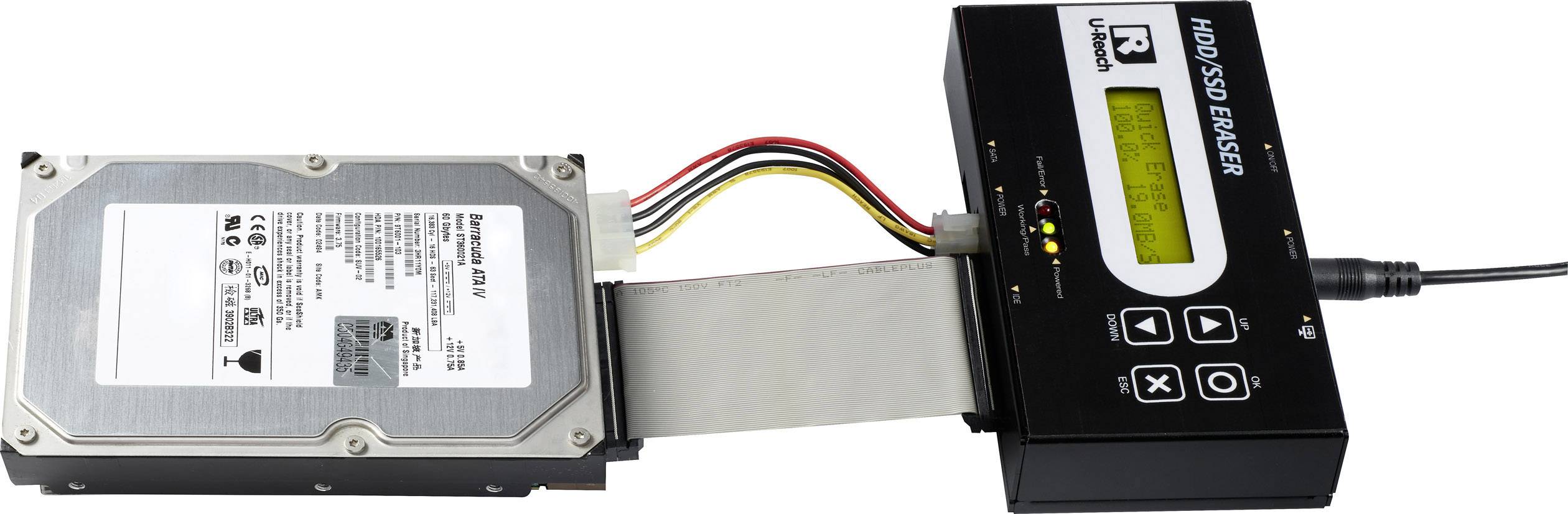 Hard drive erasure device, connected to an internal hard drive. Displays erasure process and progress indicator on the screen.