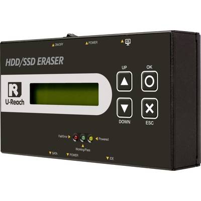 'External device for wiping HDD/SSD data, with display and buttons for control. Status lights indicate function and errors.'