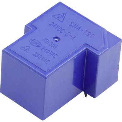 A blue electric relay with the inscription 'SHA-T90 24VDC S-A', 'NO: 30A' and '240VAC 250V' on the top surface.