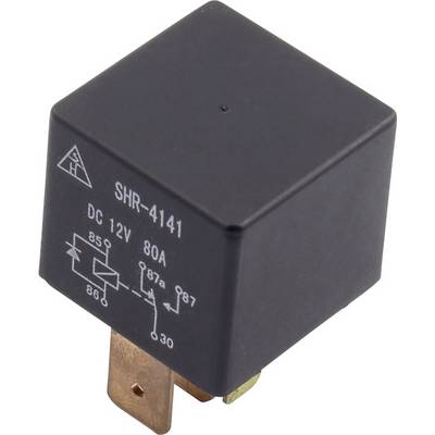 Black 12V relay with white markings and circuit diagram, showing electrical connections and specifications, 80A load capacity.