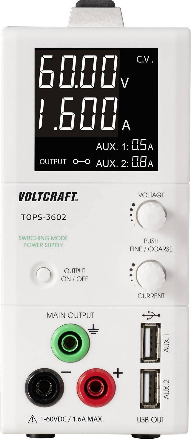 VOLTCRAFT TOPS-3602 Bench PSU (adjustable voltage) 1 – 60 V DC 0.25 – 1.6 A 100 W OVP, slim type No. of outputs 3 x