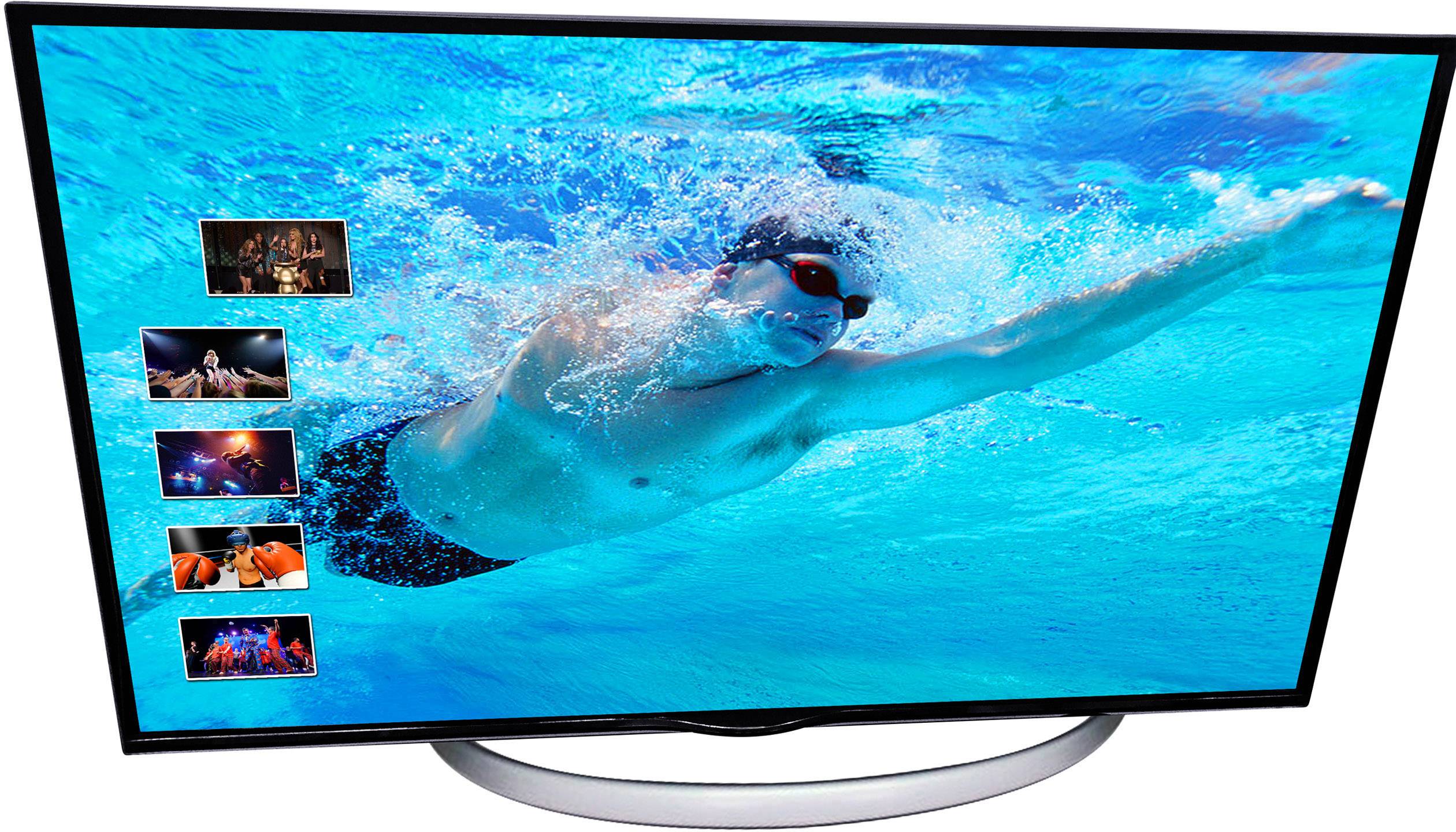 A man is swimming underwater in a swimming pool, wearing swimming goggles. Small pictures of musicians and scenes are positioned on the left-hand side of the border.