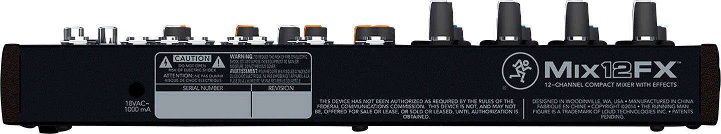 Mackie Mix12FX Mixing Desk, 12 Channels, Integrated Effects. Front panel shows controls and warning notices on the rear.