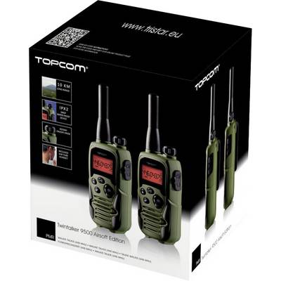 Two green walkie-talkies in a package, 10 km range, IPX2 waterproof, suitable for outdoor activities.