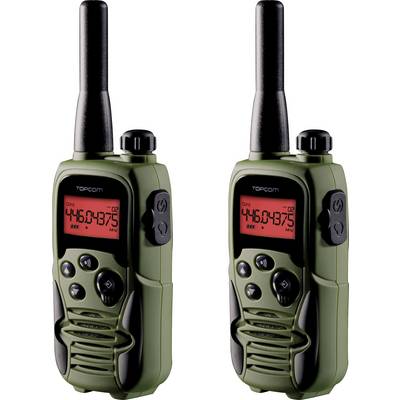 Two green walkie-talkies with black aerials and red displays, showing the frequency '446.04375 MHz'.
