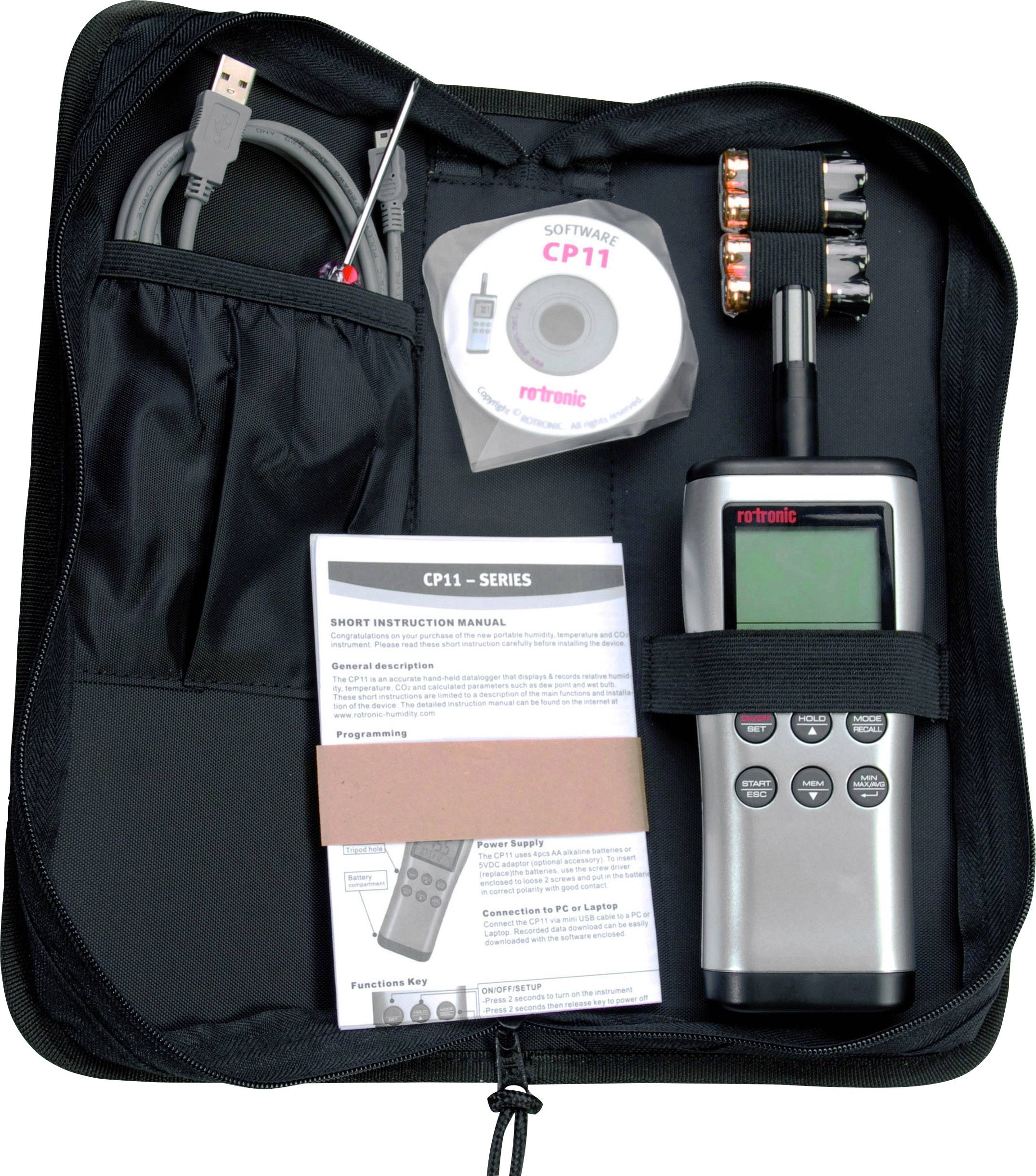 A carry case with digital measuring device, USB cable, batteries, CD with software and user manual. Ideal for technical measurements.