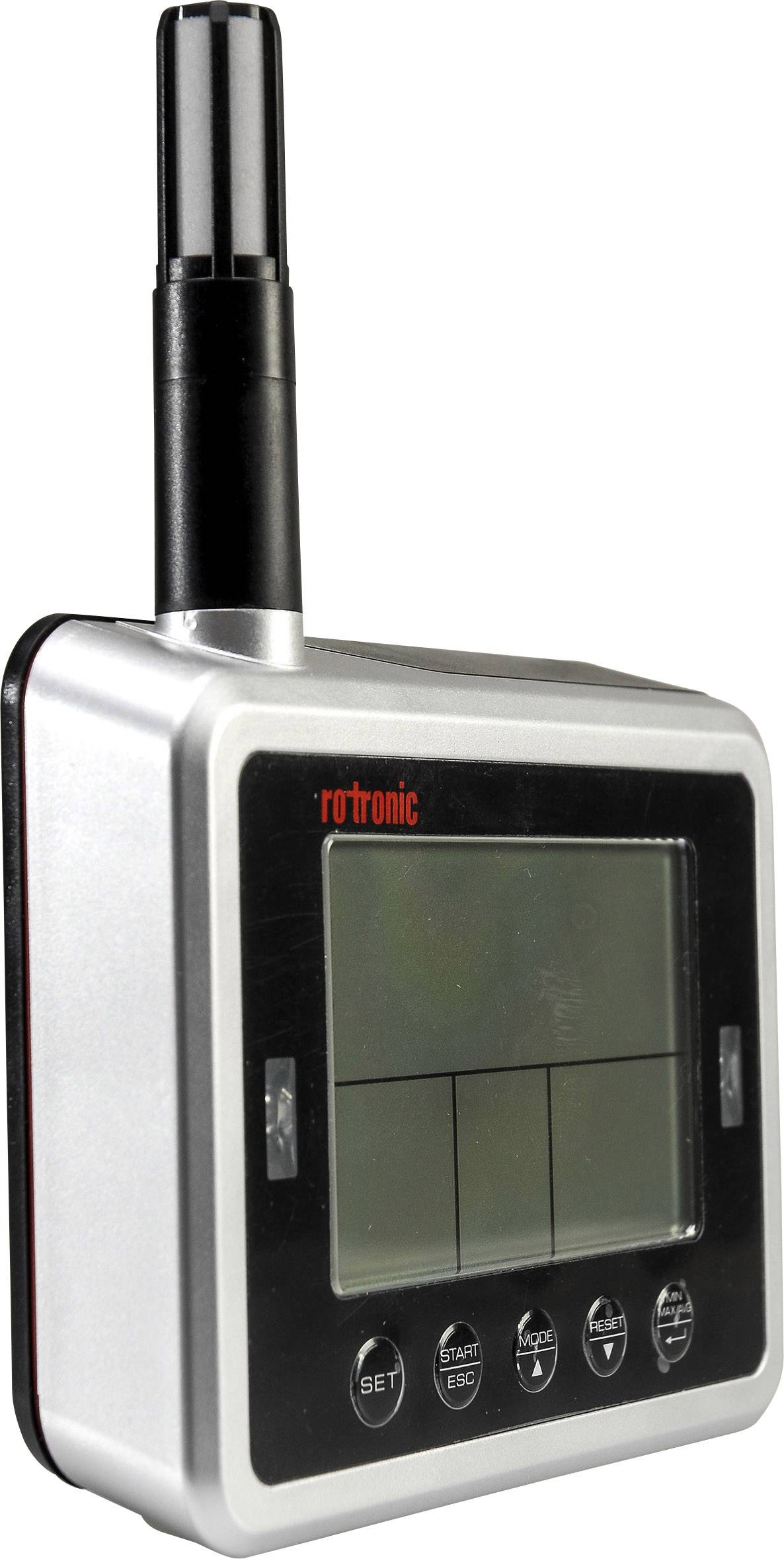 A silver digital hygrometer with a display and a long sensor at the top. It measures humidity and temperature in indoor spaces.