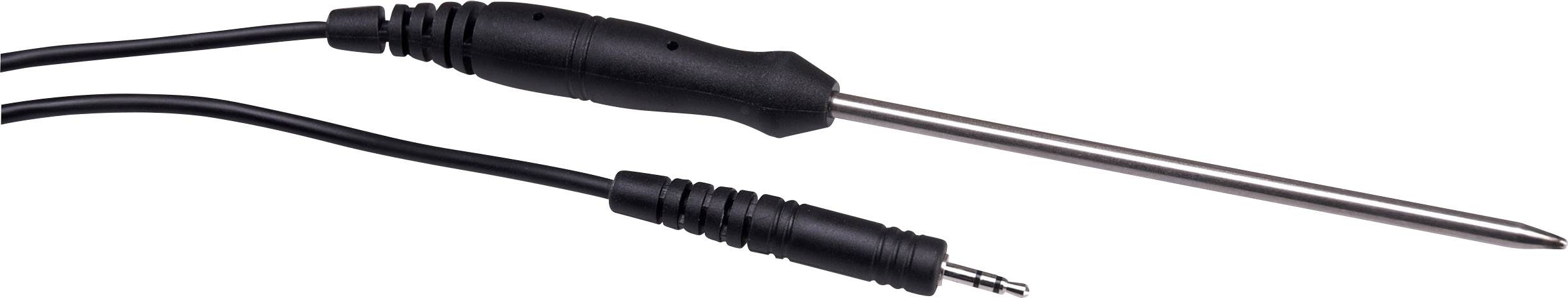 Illustrated is an electronic temperature probe with a metal probe tip and a 3.5-mm jack plug.