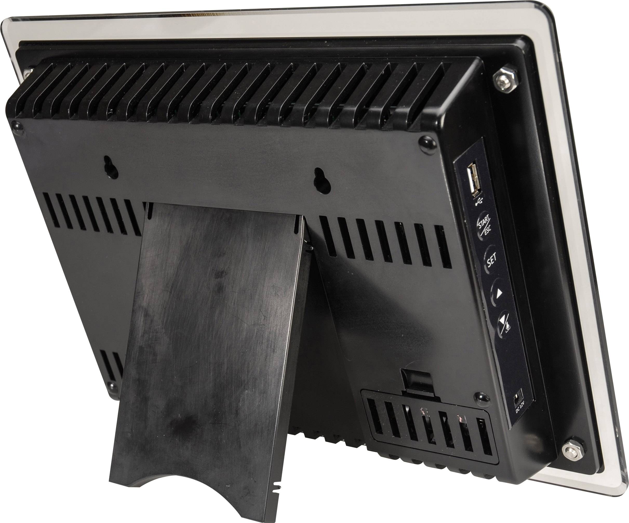 A black digital photo frame with a stand, viewed from the rear. Connections and control buttons are located on the right side.