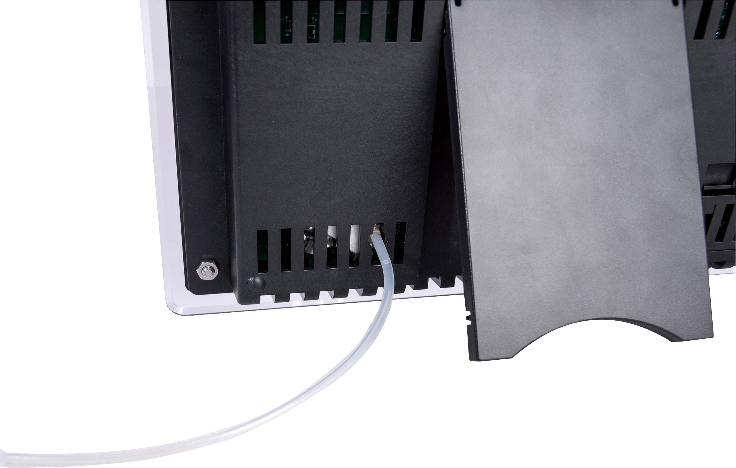 'Back of a device with its cover removed. A tube is leading out from a connection point.'