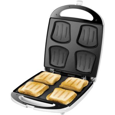 Four golden-brown sandwiches on an open contact grill, ready to be served.