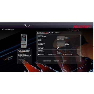 Background image with Voltcraft logo. On the left: DL-200T Data Logger image and specifications. On the right: Configuration selection menu.
