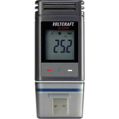 Digital thermometer displaying '25.2 °C', brand name 'Voltcraft DL-210TH'. Device for temperature monitoring, USB port visible.