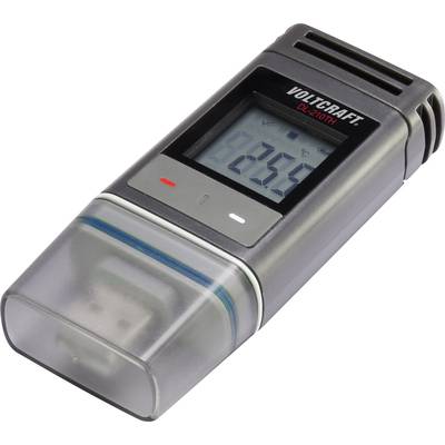 Digital data logger with LCD display, showing temperature in degrees Celsius. Dark grey housing with rounded edges.