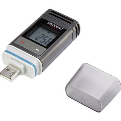A USB data logger with a removable protective cover. Displays an LCD screen showing the number 23.56. Used for temperature recording.