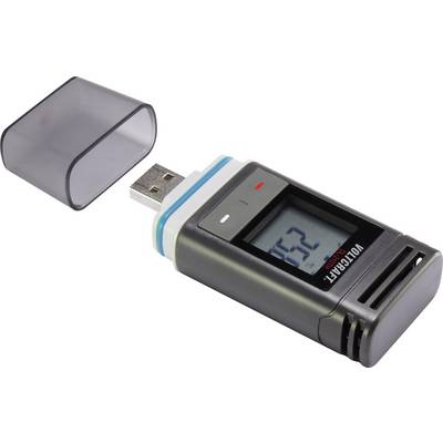 A USB data logger for temperature monitoring, with protective cover removed. Displays the number '52' on the display.