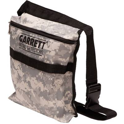 Bag with grey camouflage pattern and black strap, bearing the print 'Garrett Metal Detectors'.