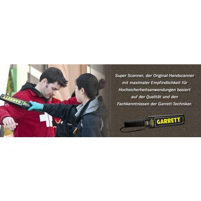 A man is being checked by a security officer using a hand-held scanner. The German text describes the quality and expertise of Garrett technicians.