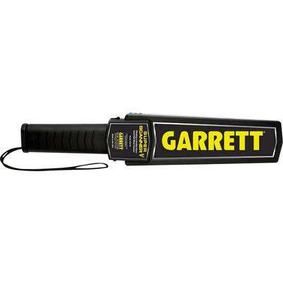 A hand-held metal detector with the brand name 'Garrett'. It has a handle and a rectangular sensor unit with yellow lettering.