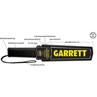 Hand-held metal detector with 'GARRETT' inscription, including power button, battery compartment cover, alarm lights, and hand strap for security screening.