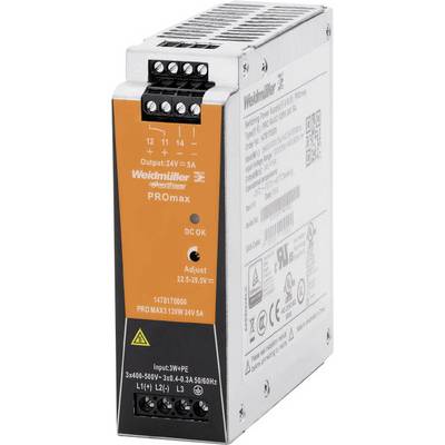 Power supply 'Weidmüller PROmax 120W 24V 5A' shows connection details and performance specifications. Suitable for demanding applications.
