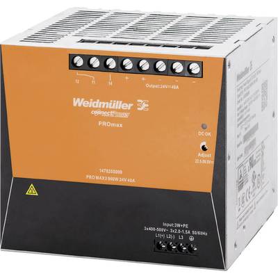 An orange-silver Weidmüller PROmax power supply unit with status indicators and a setting button, suitable for industrial applications.