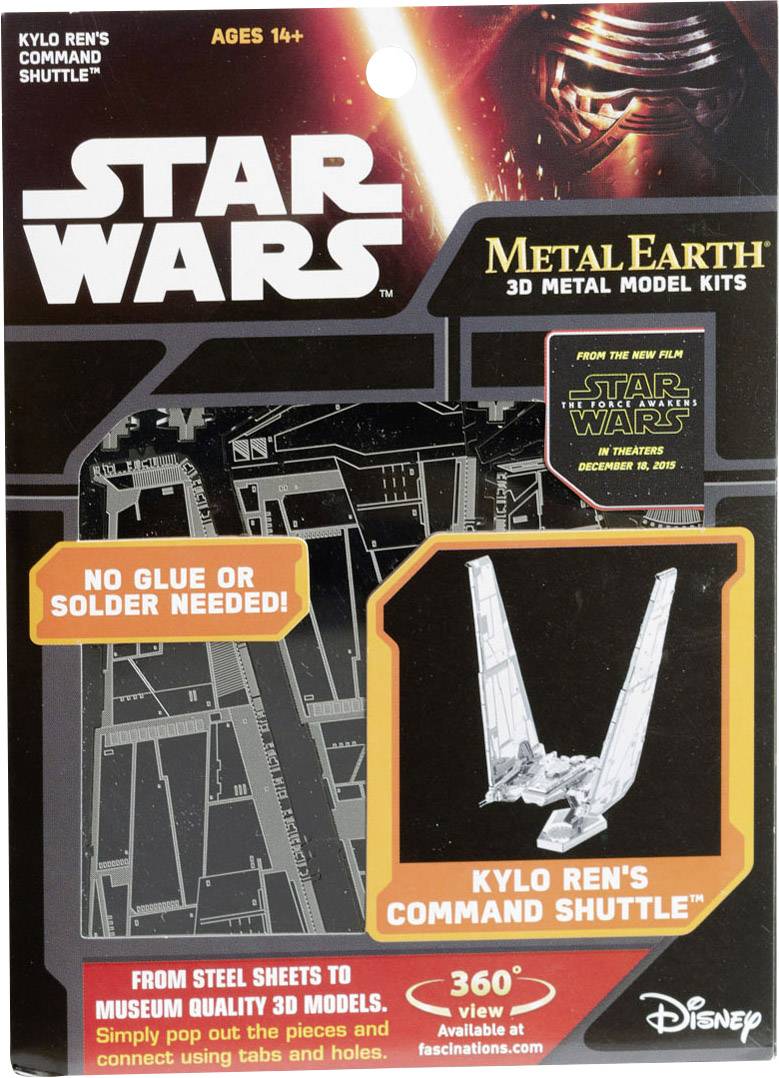 'Star Wars' Metal Model Kit of 'Kylo Ren's Command Shuttle', no glue required, suitable for ages 14 and up, Disney logo.