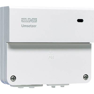 A white JUNG converter with 'Converter' inscription and IP55 protection rating, suitable for use in outdoor areas.