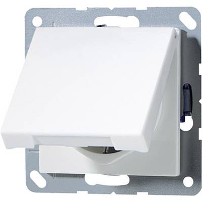 Light switch with a hinged protective cover, mounted on a metal plate, suitable for interior areas, neutral colour scheme.