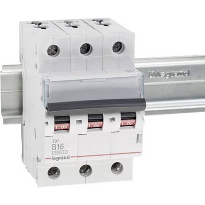 Legrand circuit breaker B16 with three switches, mounted on a metal rail. It serves to protect electrical circuits.