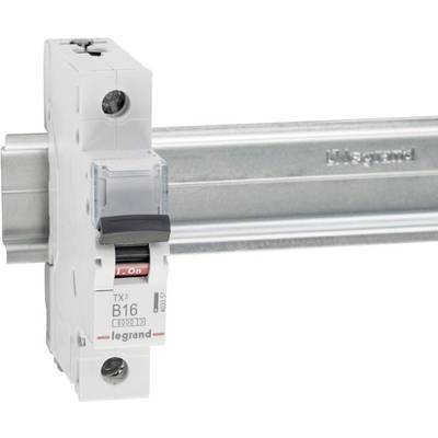A white performance circuit breaker with the marking 'B16' is mounted on a metal rail.