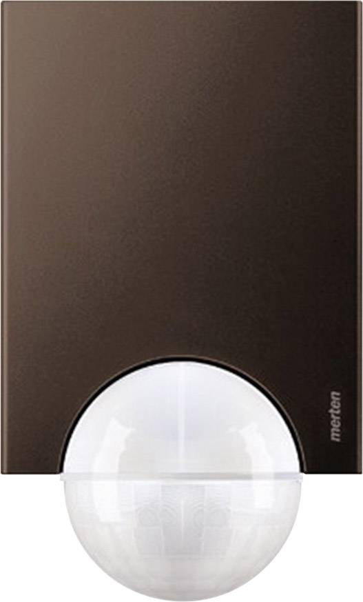Brown motion sensor with a white, hemispherical cover on the underside. Model name 'mettern' on the right side.