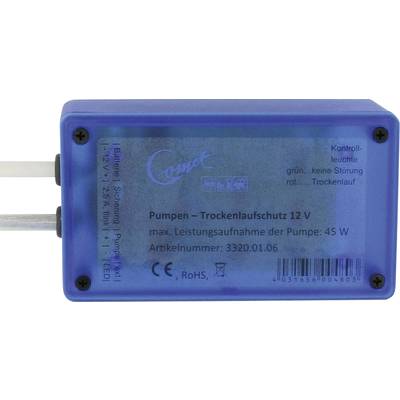 Blue plastic device with label: 'Pump – Dry Running Protection 12 V, max. Power Consumption of Pump: 45 W'.