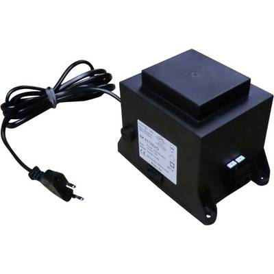 A black electric transformer with cable and plug, with a label showing technical data on one side.