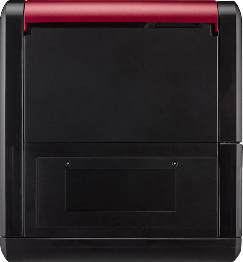 A rectangular, black stamp with a red handle, standing on a surface.
