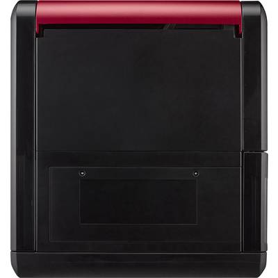 A rectangular, black stamp with a red handle, standing on a surface.
