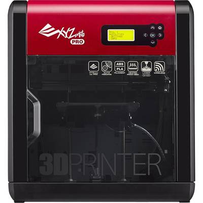 A black 3D printer with a red upper panel displaying a screen and control buttons. Functional symbols are visible underneath.