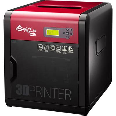 A compact, black and red 3D printer with LED display and brand logo on top. Suitable for ABS and PLA materials.