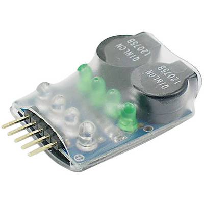 Small electronic component with connectors, multiple green LEDs and two round black elements on a circuit board.