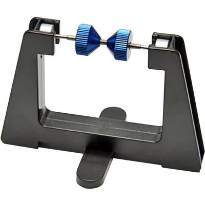 A black stand with two blue, conical turning knobs in the centre, which are used for balancing or rotating objects.