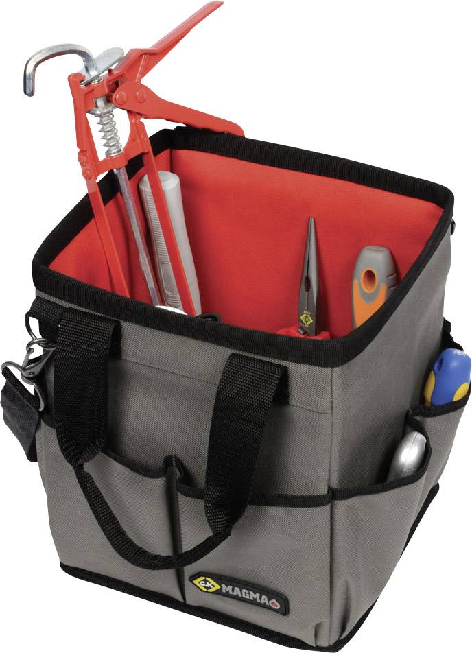 Grey and black tool bag with multiple compartments. Contains pliers, screwdriver, sealant gun and additional tools.