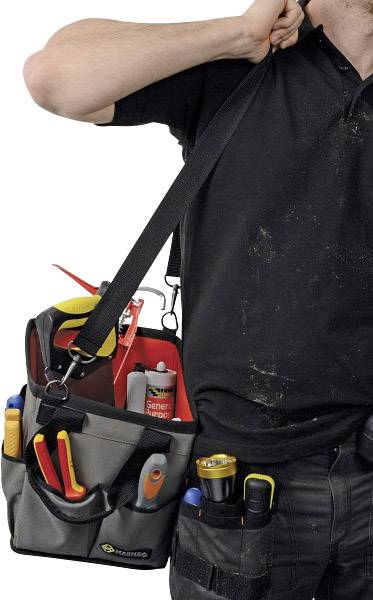 A person is carrying a tool bag with various tools such as screwdrivers, pliers, and tape in compartments.